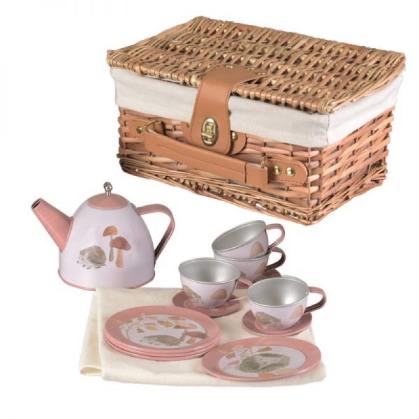 540054 – TIN TEA SET HEDGEHOG IN A WICKER BASKET